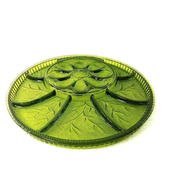 Relish Tray Deviled Egg Divided Platter Green Depression Glass 13" Vintage - Picture 1 of 7